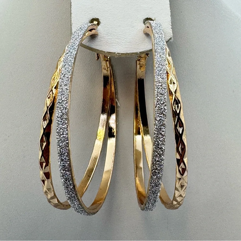 Gold Tone Glitter Hoop Earrings Textured Large Statement Hoops Bold Sparkle